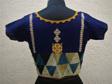 Blue/Beige/Mustard Cotton Blouse Size-36-Blouse-House of Taamara-House of Taamara