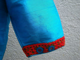 Blue/Olive Green/Red Raw Silk Blouse-Blouse-House of Taamara-House of Taamara