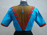 Blue/Olive Green/Red Raw Silk Blouse-Blouse-House of Taamara-House of Taamara