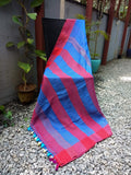 Blue/Red Linen Saree-Saree-House of Taamara-House of Taamara