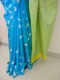 Blue/White/Yellow Printed Habutai Silk Saree-Silk Saree-House of Taamara-House of Taamara