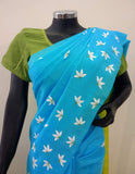 Blue/White/Yellow Printed Habutai Silk Saree-Silk Saree-House of Taamara-House of Taamara