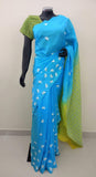 Blue/White/Yellow Printed Habutai Silk Saree-Silk Saree-House of Taamara-House of Taamara