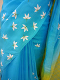 Blue/White/Yellow Printed Habutai Silk Saree-Silk Saree-House of Taamara-House of Taamara