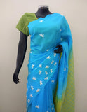 Blue/White/Yellow Printed Habutai Silk Saree-Silk Saree-House of Taamara-House of Taamara