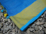 Blue/Yellow Linen Saree-Saree-House of Taamara-House of Taamara