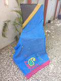 Blue/Yellow/Red Linen Saree-Saree-House of Taamara-House of Taamara