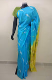 Blue/Yellow/White Printed Habutai Silk Saree-Silk Saree-House of Taamara-House of Taamara