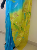 Blue/Yellow/White Printed Habutai Silk Saree-Silk Saree-House of Taamara-House of Taamara