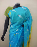 Blue/Yellow/White Printed Habutai Silk Saree-Silk Saree-House of Taamara-House of Taamara