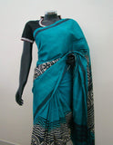 Green/Black/White Printed Tussar Silk Saree-Silk Saree-House of Taamara-House of Taamara