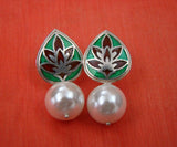 Green/Maroon Silver Enameled Earrings with Pearls-Earrings-House of Taamara-House of Taamara