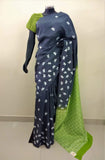 Grey/Green Printed Habutai Silk Saree-Silk Saree-House of Taamara-House of Taamara