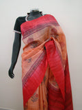 Light Peach/Red Printed Tussar Silk Saree-Silk Saree-House of Taamara-House of Taamara