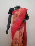 Light Peach/Red Printed Tussar Silk Saree-Silk Saree-House of Taamara-House of Taamara