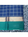 Navy Blue/Green Checks Kanchi Cotton Saree-Saree-House of Taamara-House of Taamara