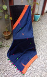 Navy Blue/Orange Linen Saree-Saree-House of Taamara-House of Taamara