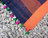 Navy Blue/Orange Linen Saree-Saree-House of Taamara-House of Taamara