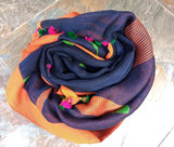Navy Blue/Orange Linen Saree-Saree-House of Taamara-House of Taamara