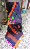 Navy Blue/Orange Linen Saree-Saree-House of Taamara-House of Taamara