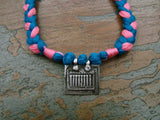 Pink/Blue Thread Neckpiece with Silver Pendant-Silver Neckpiece-House of Taamara-House of Taamara