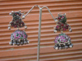 Pink/Green Stone Silver Earrings-Earrings-House of Taamara-House of Taamara