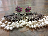 Pink/Green Stone Silver Earrings-Earrings-House of Taamara-House of Taamara