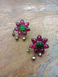 Pink/Green Stone Silver Earrings-Earrings-House of Taamara-House of Taamara