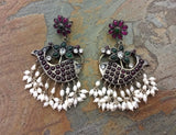 Pink/Green Stone Silver Earrings-Earrings-House of Taamara-House of Taamara