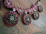 Pink/Green Stone Silver Necklace-Silver Neckpiece-House of Taamara-House of Taamara