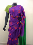 Purple/Red/Green Printed Habutai Silk Saree-Silk Saree-House of Taamara-House of Taamara