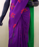 Purple/Red/Green Printed Habutai Silk Saree-Silk Saree-House of Taamara-House of Taamara