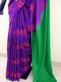 Purple/Red/Green Printed Habutai Silk Saree-Silk Saree-House of Taamara-House of Taamara