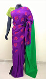 Purple/Red/Green Printed Habutai Silk Saree-Silk Saree-House of Taamara-House of Taamara