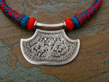 Red/Blue Thread Neckpiece with Silver Pendant-Silver Neckpiece-House of Taamara-House of Taamara
