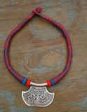 Red/Blue Thread Neckpiece with Silver Pendant-Silver Neckpiece-House of Taamara-House of Taamara