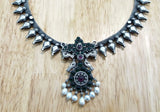 Silver Necklace with Green Stone Pendant-Silver Neckpiece-House of Taamara-House of Taamara
