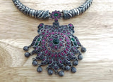Silver Necklace with Pink Stone Pendant-Silver Neckpiece-House of Taamara-House of Taamara