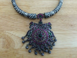 Silver Necklace with Pink Stone Pendant-Silver Neckpiece-House of Taamara-House of Taamara