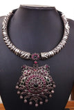Silver Necklace with Pink Stone Pendant-Silver Neckpiece-House of Taamara-House of Taamara
