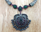 Silver Necklace with Pink/Green Stone Pendant-Silver Neckpiece-House of Taamara-House of Taamara