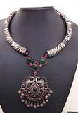 Silver Necklace with Pink/Green Stone Pendant-Silver Neckpiece-House of Taamara-House of Taamara