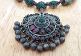 Silver Necklace with Pink/Green Stone Pendant-Silver Neckpiece-House of Taamara-House of Taamara