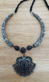 Silver Necklace with Pink/Green Stone Pendant-Silver Neckpiece-House of Taamara-House of Taamara