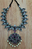 Silver Necklace with Pink/Green Stones-Silver Neckpiece-House of Taamara-House of Taamara
