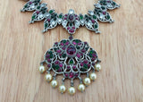 Silver Necklace with Pink/Green Stones-Silver Neckpiece-House of Taamara-House of Taamara