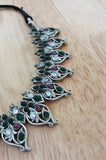 Silver Necklace with Pink/Green Stones-Silver Neckpiece-House of Taamara-House of Taamara