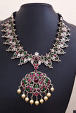 Silver Necklace with Pink/Green Stones-Silver Neckpiece-House of Taamara-House of Taamara