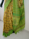 Yellow/Green Printed Tussar Silk Saree-Silk Saree-House of Taamara-House of Taamara