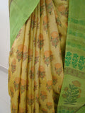 Yellow/Green Printed Tussar Silk Saree-Silk Saree-House of Taamara-House of Taamara